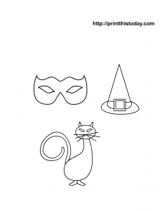 A cat ,a hat, a mask coloring page for halloween