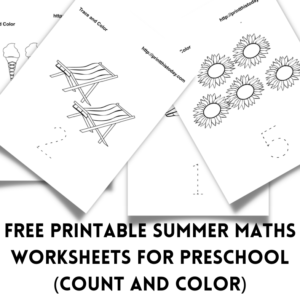 Free printable Summer Maths worksheets for preschool (Count and Color)