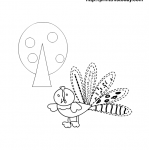 Adorable turkey and Autumn tree, Thanksgiving Coloring Page