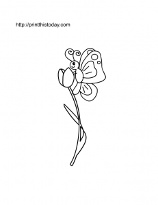 a tulip and a cute butterfly coloring page