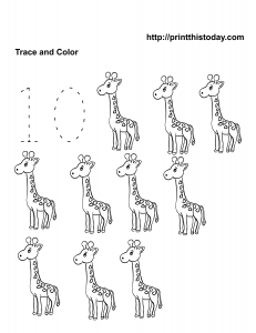 Free printable number 10 tracing worksheet with giraffe 