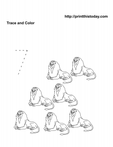 Number seven math worksheet with lions