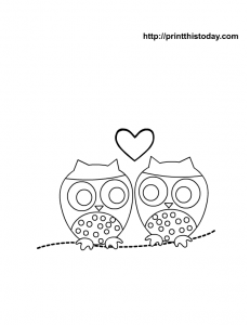 free coloring page with cute owls and a heart