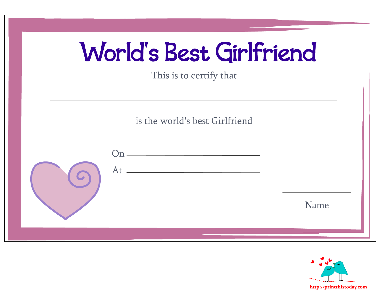 Free Printable World #39 s Best Girlfriend Certificates