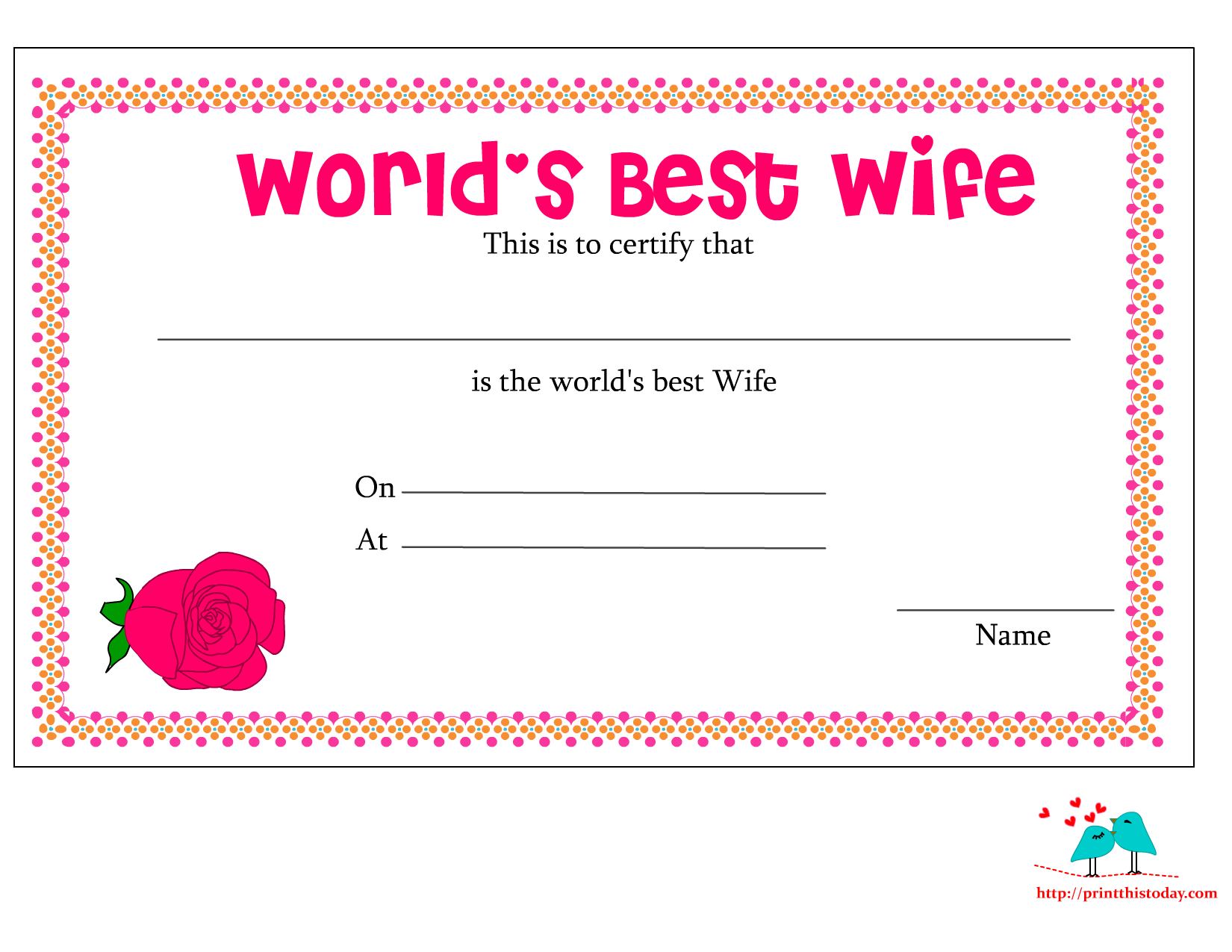 Free Printable World's Best Wife Certificates