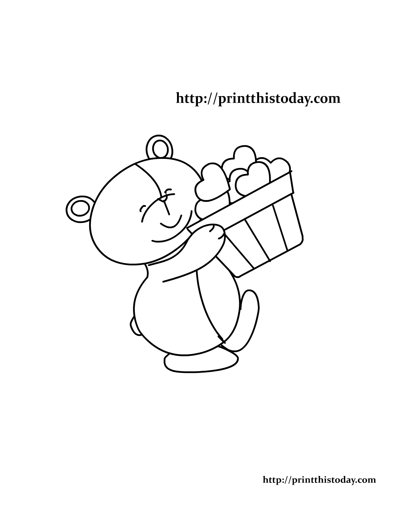 Teddy bear holding a basket of hearts coloring page