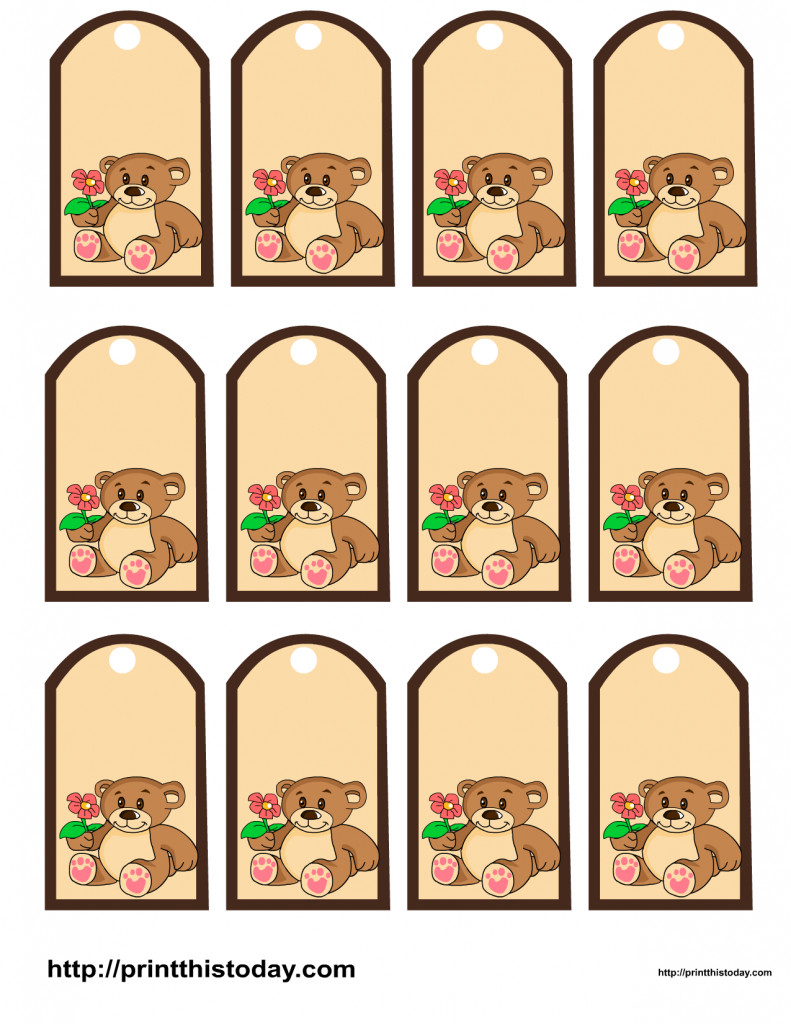 Free Printable Tags featuring a Teddy bear holding a Flower