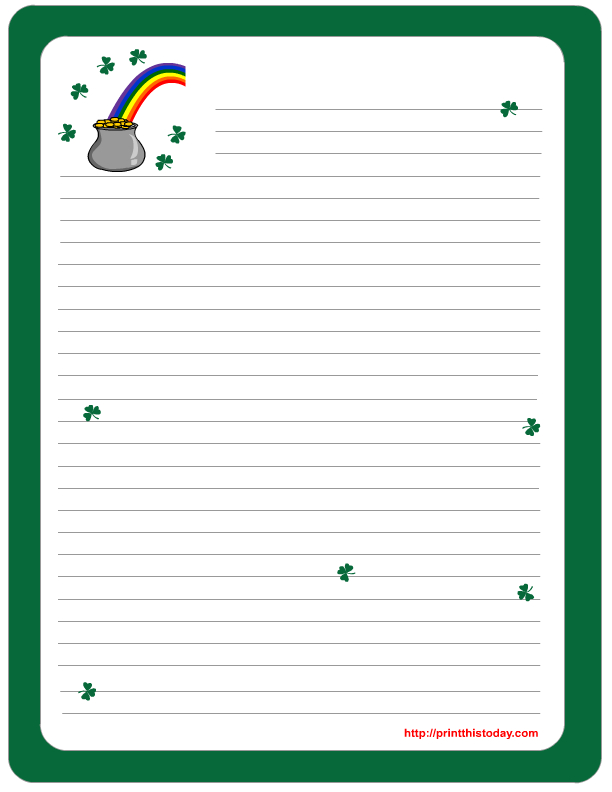 saint patrick s day writing paper featuring gold pot and rainbow print this today more than 1000 free printables