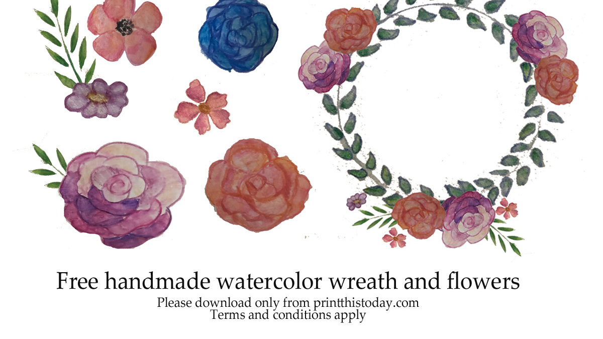 Free handmade watercolor wreath and flowers for blogs and printables