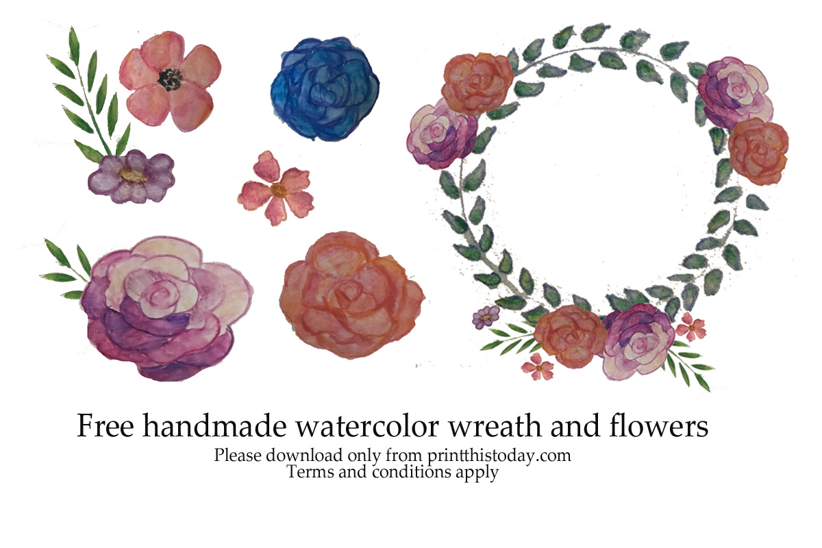 Free handmade watercolor wreath and flowers for blogs and printables