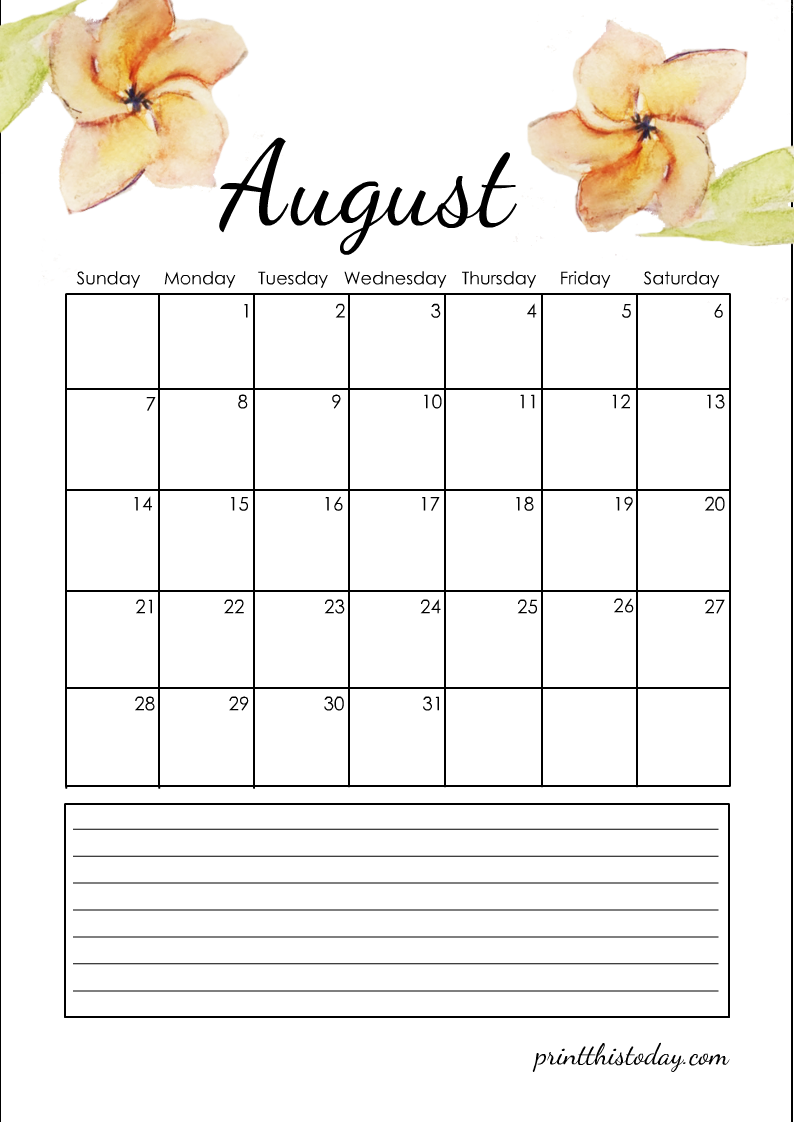  Free Printable August 2022 Calendar