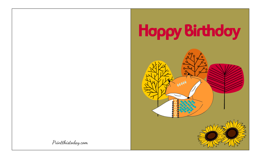 Free Printable Fall Birthday Card with image of a Cute Fox