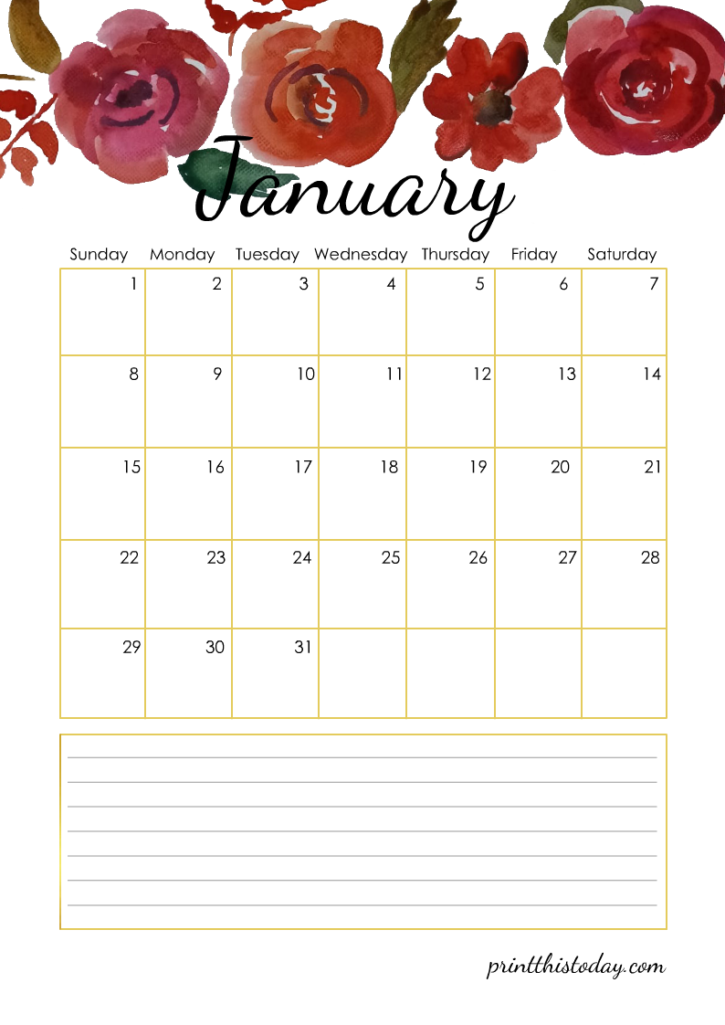 Free Printable January 2023 Floral Planner Calendar