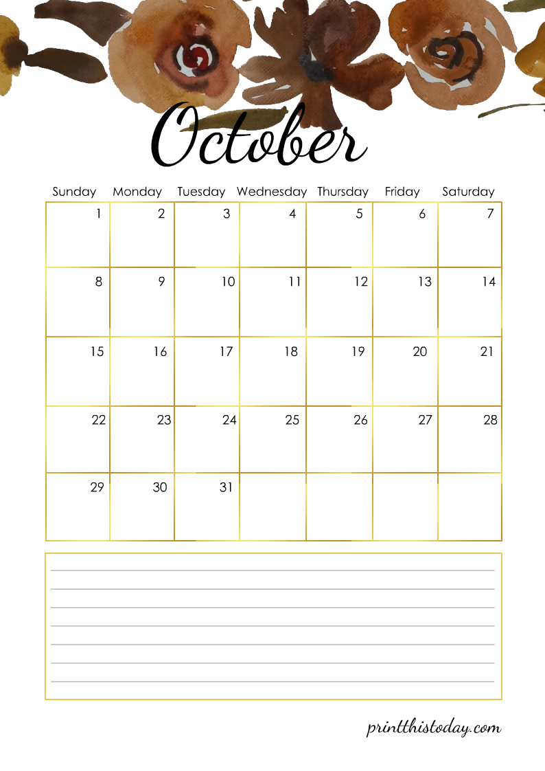 Printable October 2023 Floral Calendar Page