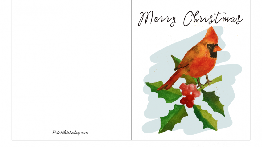9. Free Printable Christmas Card with Watercolor Cardinal