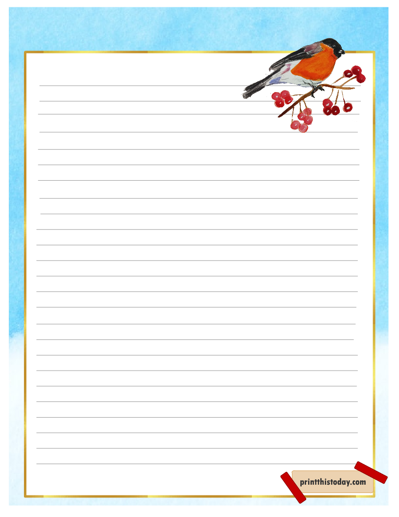 Christmas Stationery Printable with image of a Robin and Berries