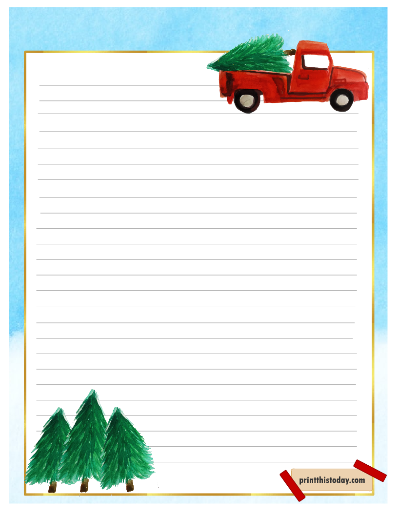 Christmas Letter Pad Printable with a Truck and Trees. 