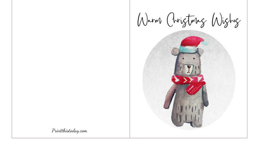 Warm Christmas Wishes, Card with Watercolor Bear Image