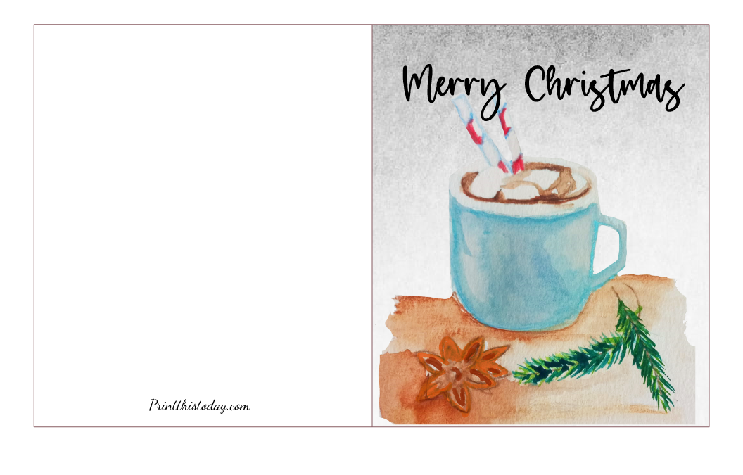Free Printable Handmade Watercolor Christmas Card, Hot Chocolate