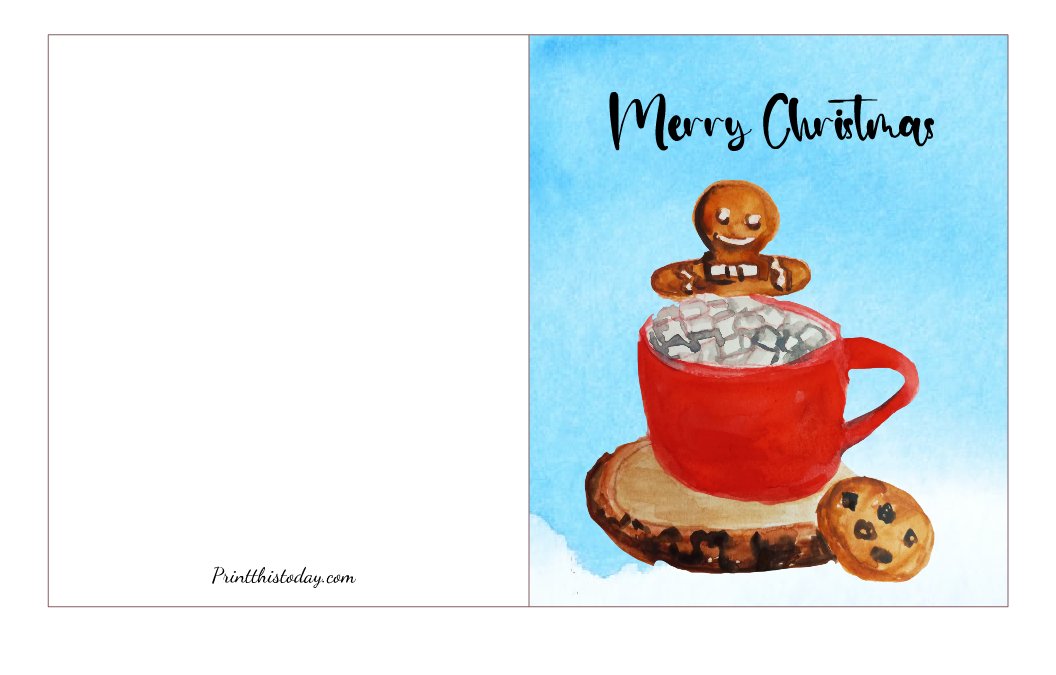Merry Christmas card with an image of hot chocolate and a gingerbread man