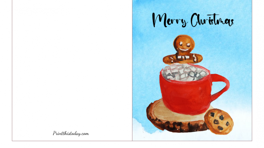 Merry Christmas card with an image of hot chocolate and a gingerbread man