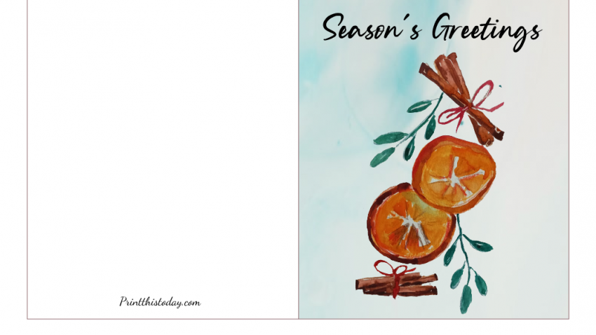 Season' Greeting Card with Cinnamon Sticks and Oranges made in Watercolor