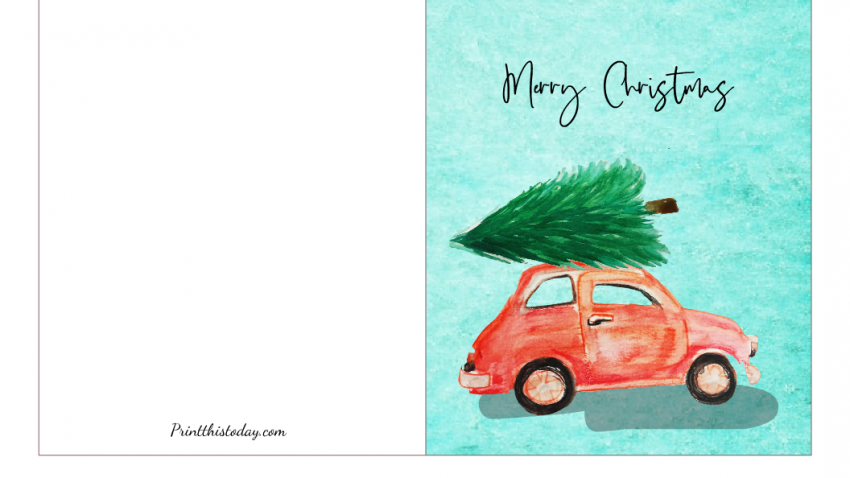Free Printable Christmas Card with a Car carrying Christmas Tree