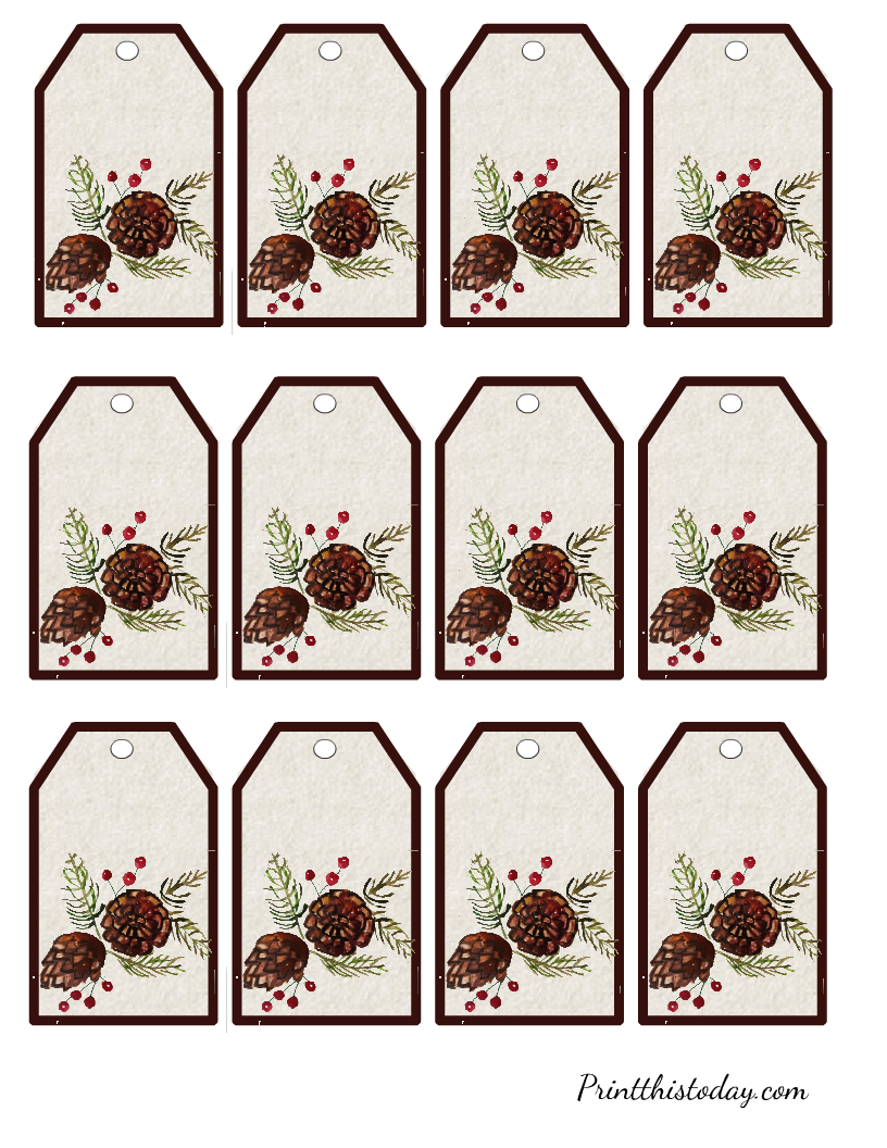 Free Printable Christmas  Pinecones Watercolor Gift Tags