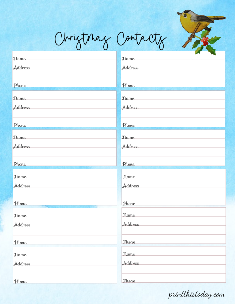 Free Printable Christmas Contacts Planner Page