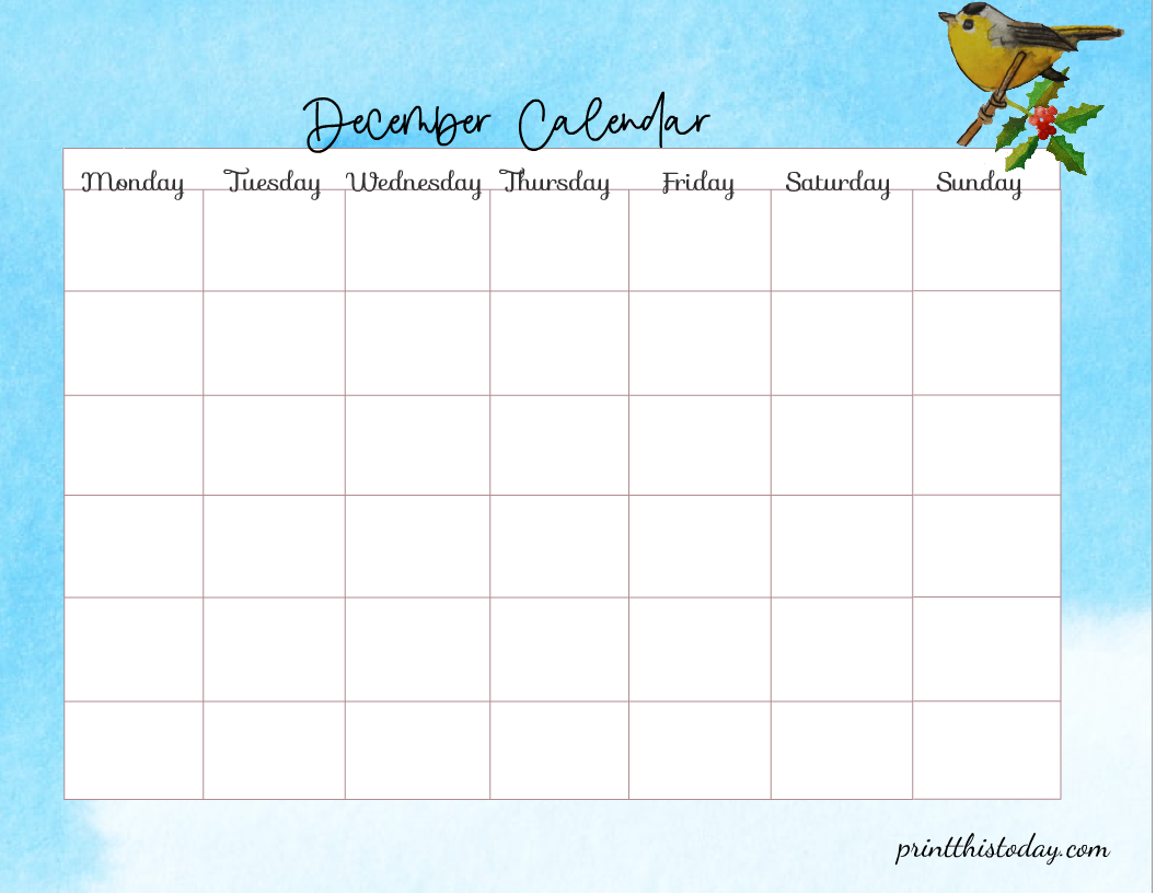 Free Printable Blank December Calendar