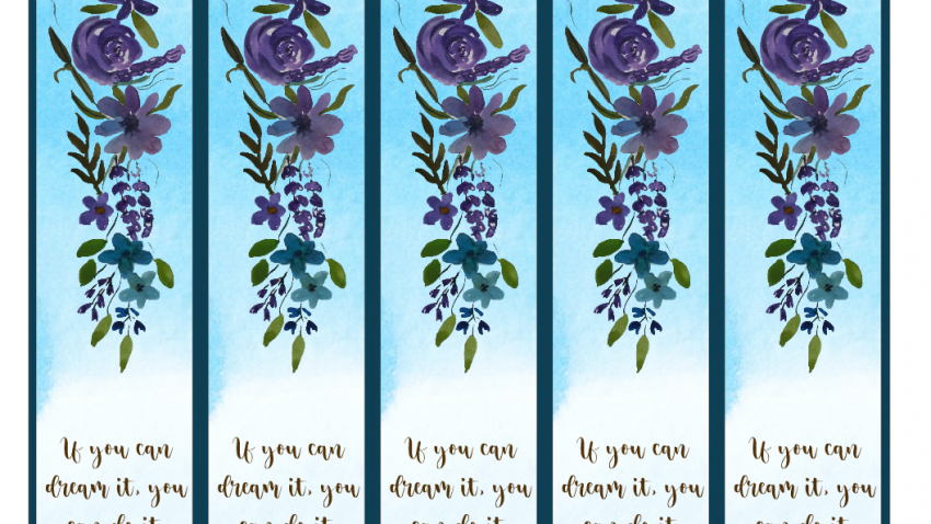 Purple and Blue watercolor Floral Bookmarks with Motivational Quote