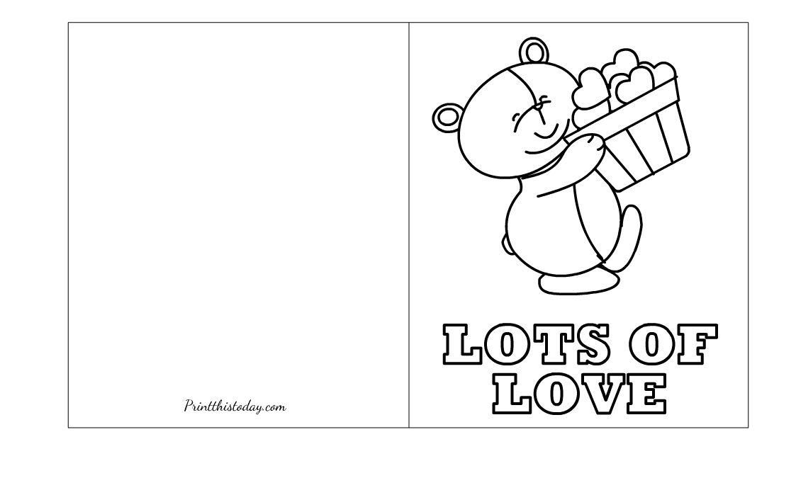 Teddy Bear and Hearts, Valentine's Day Card to Color