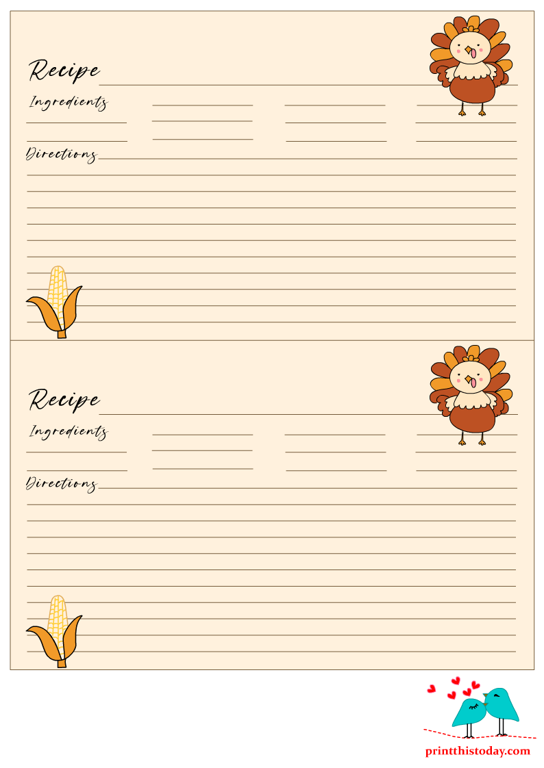 Thanksgiving Recipe Cards with Cute Turkey Image