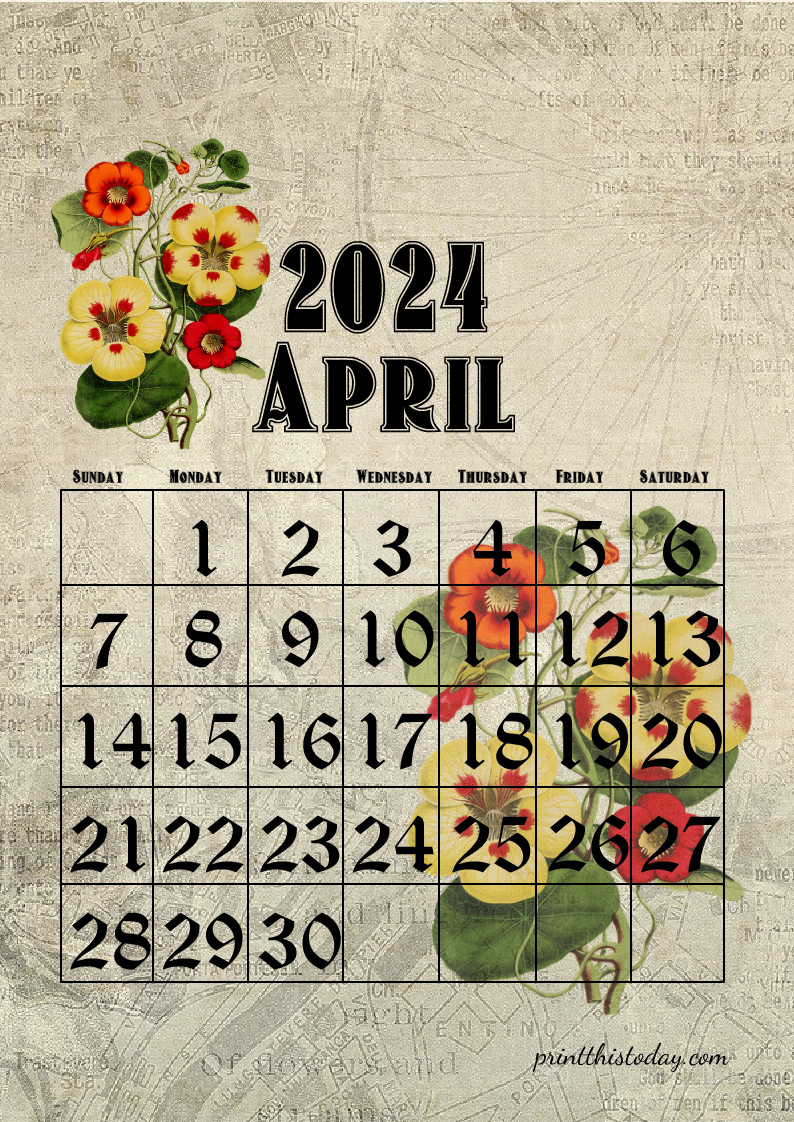 April 2024 Free Printable Vintage Calendar