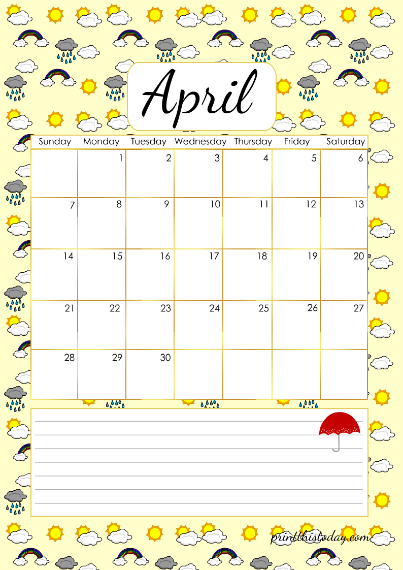 Free Printable Cute 2024 Monthly Calendar (April)