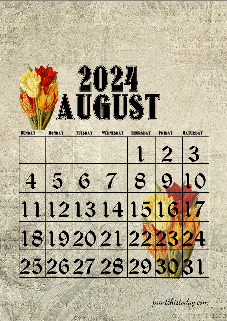 Free printable August 2024 Monthly Calendar Page