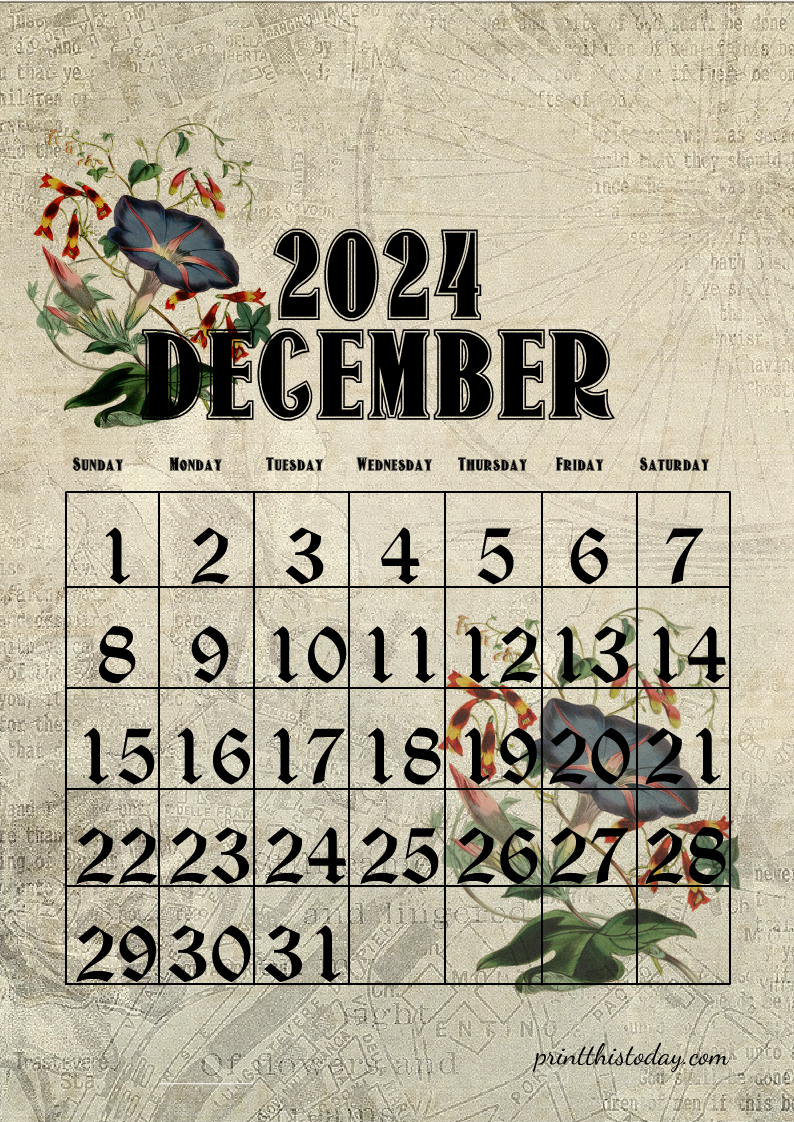 December 2024 Vintage Floral Calendar for Junk Journal