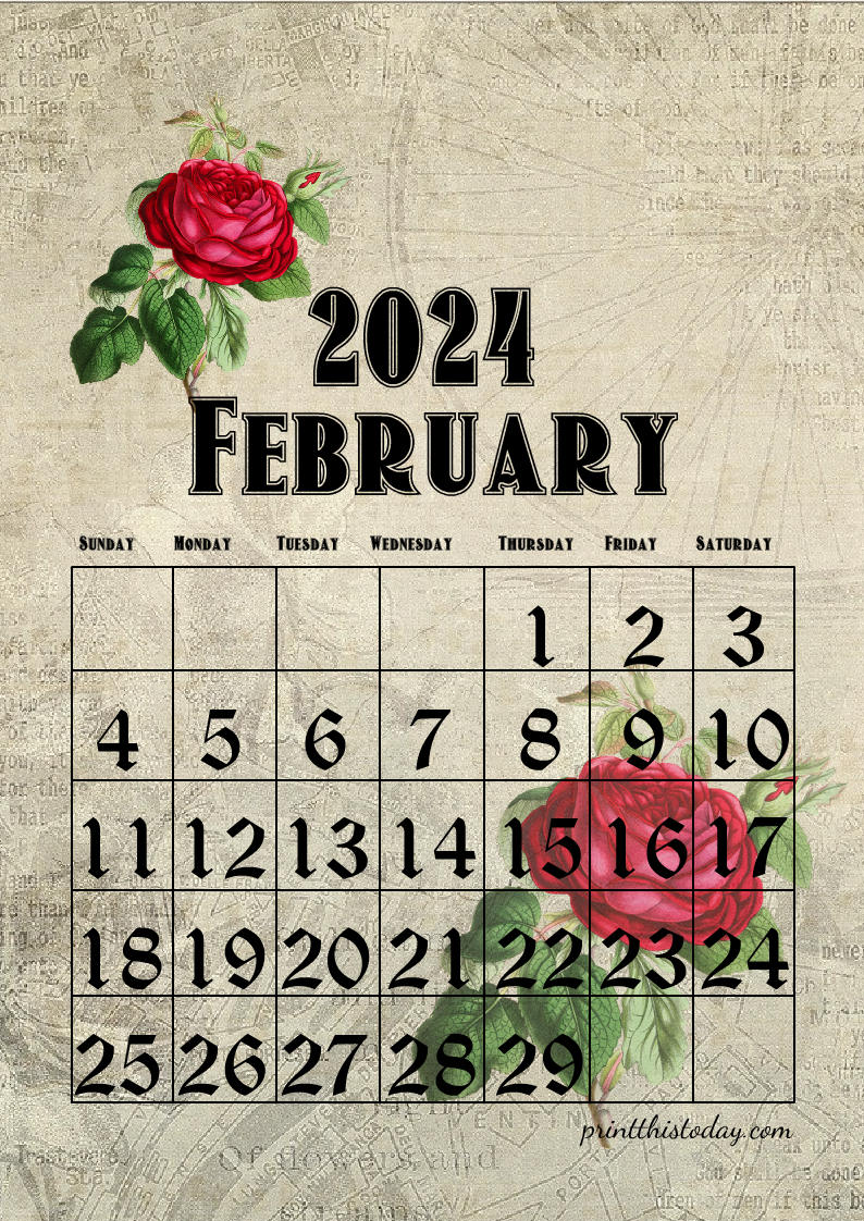 2024 Vintage Calendar for the month of February