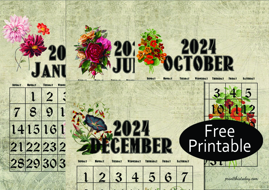 Free Printable 2024 Vintage Floral Monthly Calendar