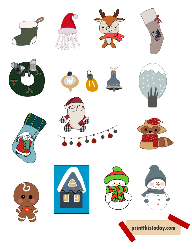 Christmas Stickers of Snowman, Santa and Christmas Trees