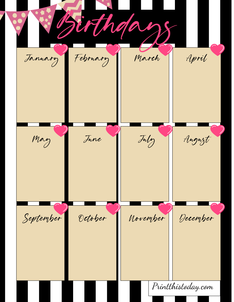 Birthday Calendar in Black, White, Beige and Pink Colors