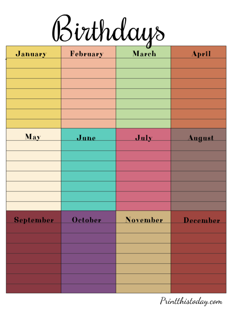 12 Free Printable Birthday Calendars / Trackers