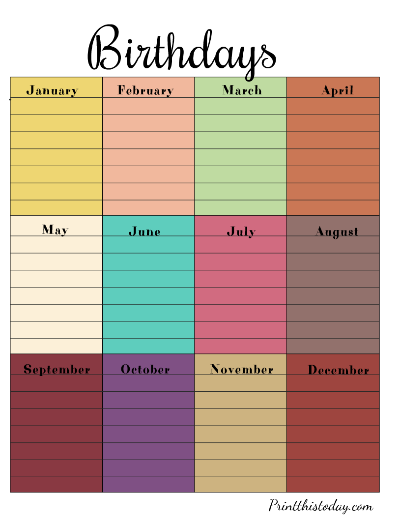 Colorful Birthday Calendar Printable