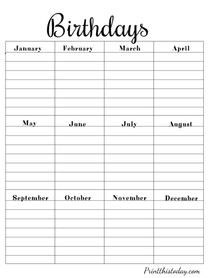 12 Free Printable Birthday Calendars / Trackers