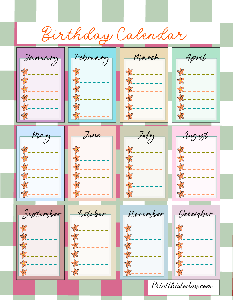 Free Printable Colorful Monthly Birthday Tracker