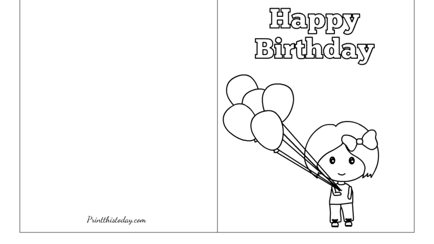 A cute girl holding Balloons, Free Printable Birthday Card to Color