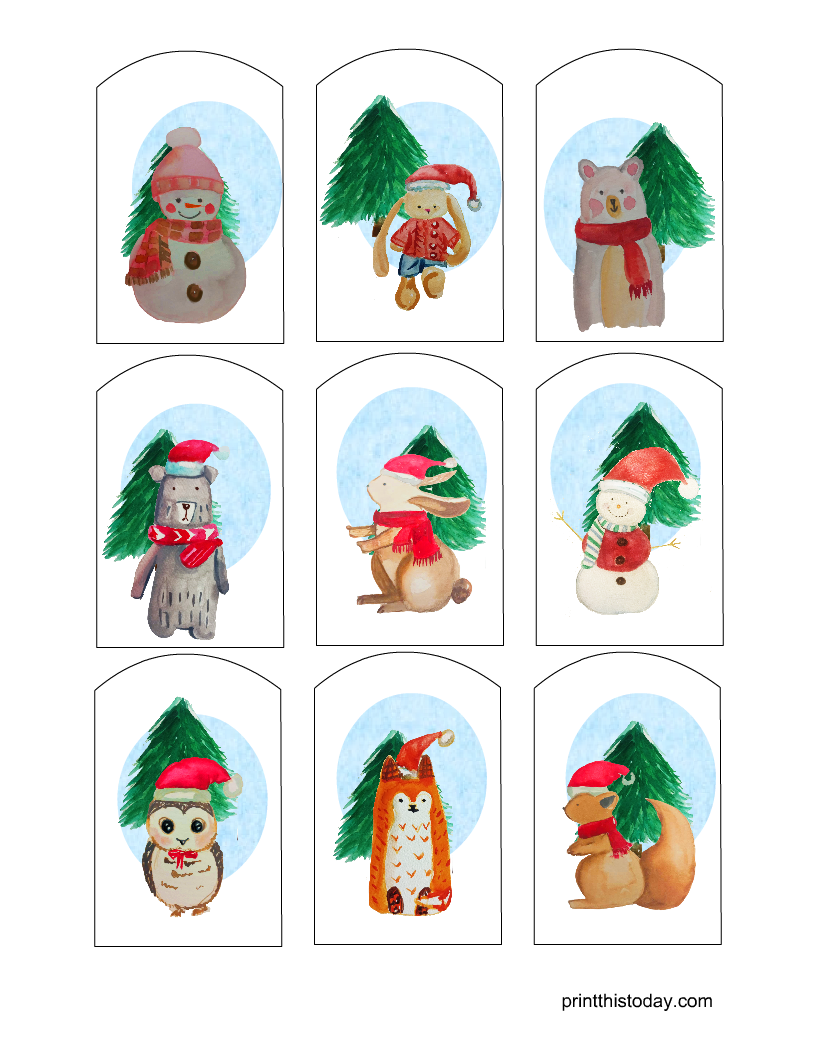 Cute Watercolor Animals and Snowman Tags