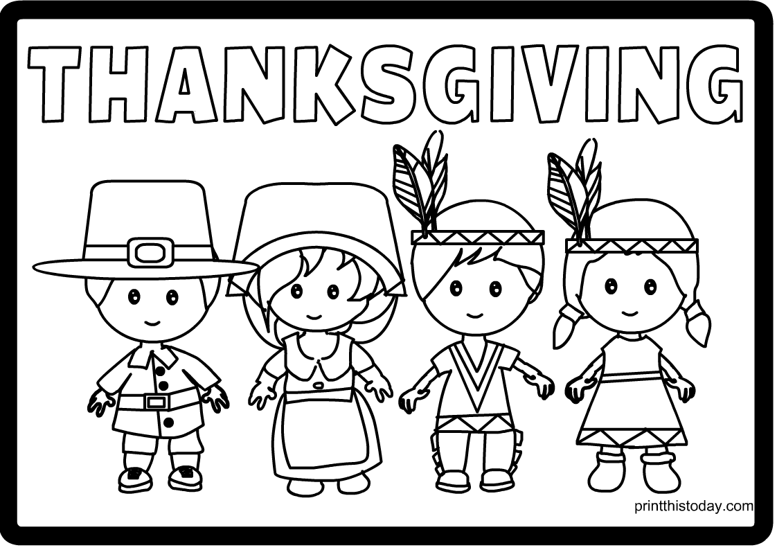 Free Printable Thanksgiving Placemat featuring Natives and Pilgrims to Color