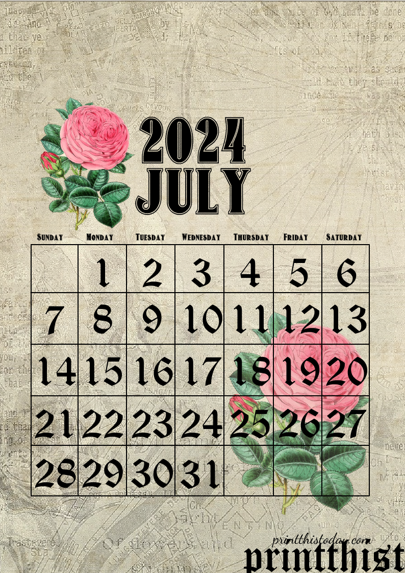 July 2024 Free Printable Calendar Page for Junk Journal