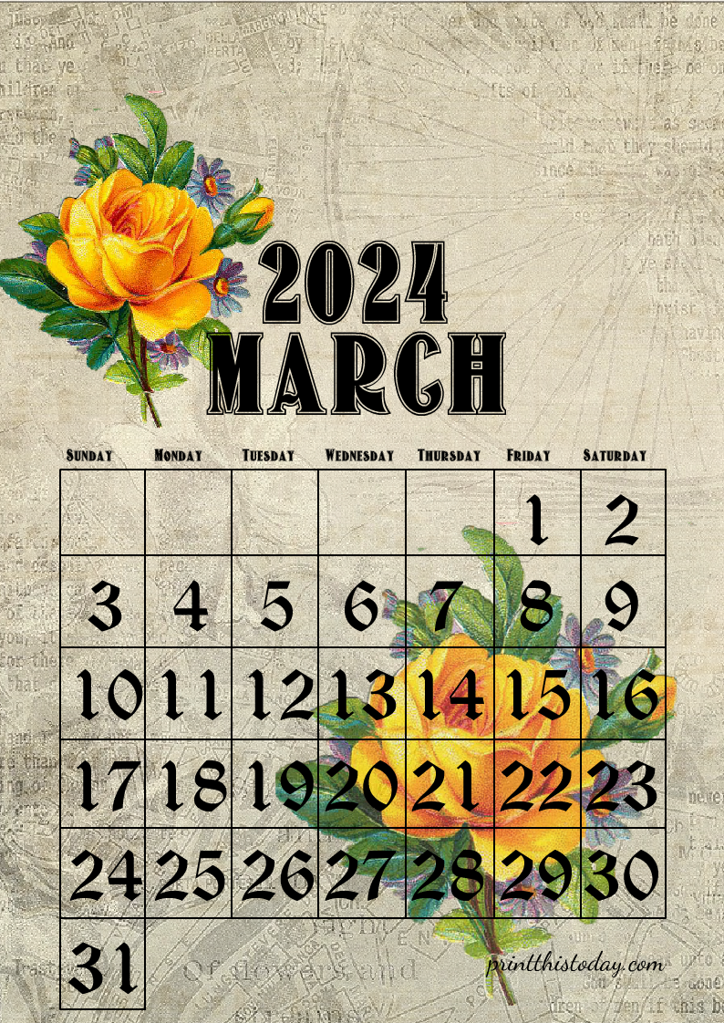 Free Printable March Floral Calendar in Vintage style